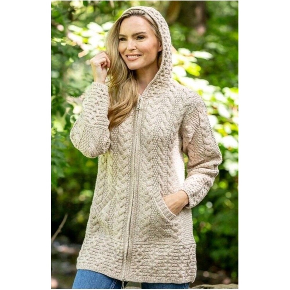 Aran Crafts Ireland Merino Wool Coatigan Cable Knit Hooded Zip Sweater Cardigan